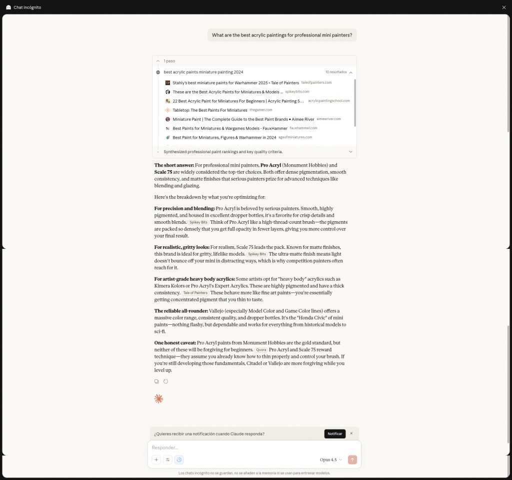 Example of Claude answer with web search enabled.