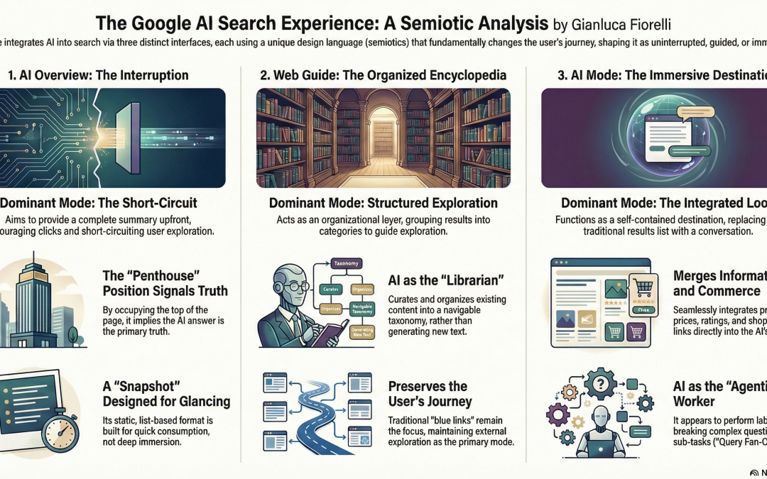 Infographic with the semiotic analysis of AI Overviews, Web Guide and AI Mode.